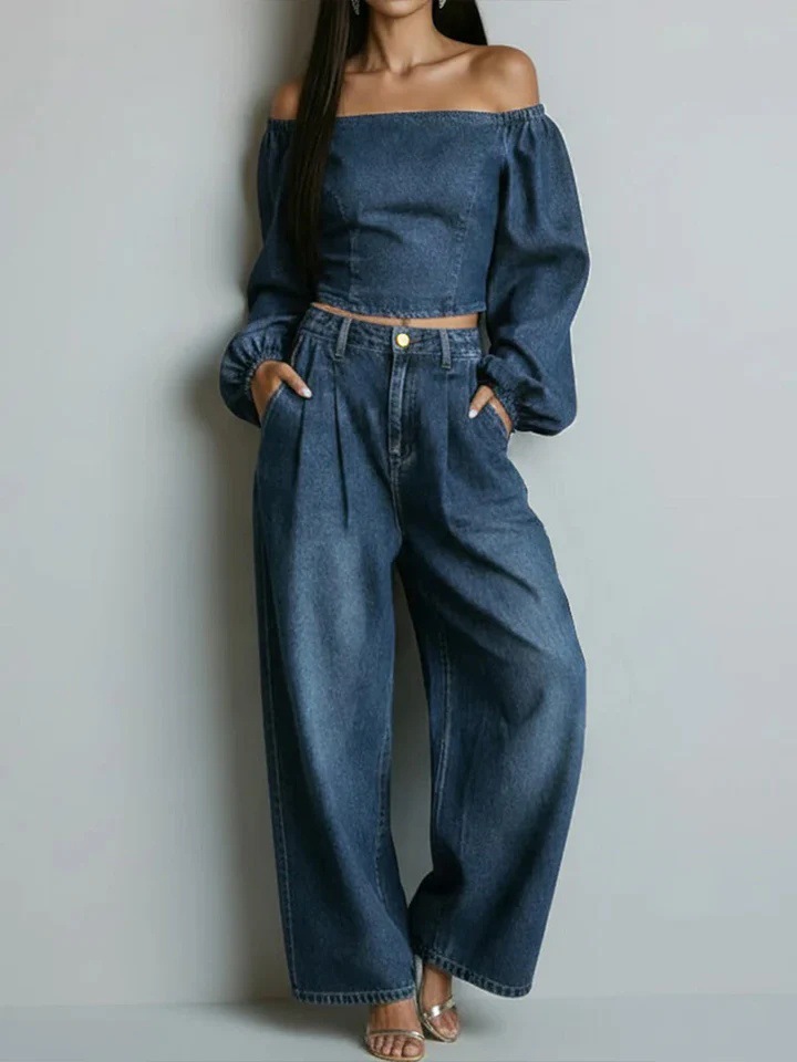 Faux Denim Two-Piece Set Long Sleeve Top & Pants Casual Loose Fit