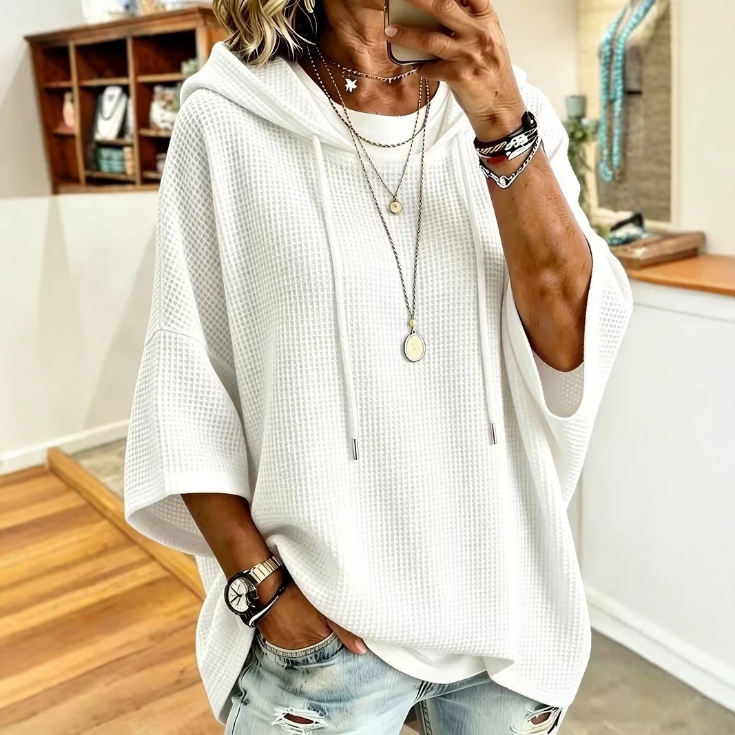 Women's Waffle Knit Hooded Drawstring Sweatshirt Loose Fit