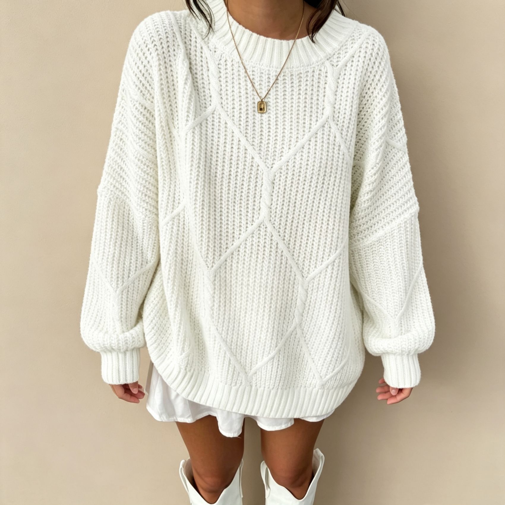 Women's Cable Knit Diamond Crewneck Pullover Sweater