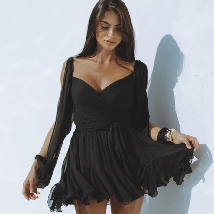 Women's Solid Color Mesh Long Sleeve Lace-Up Open Back Slim Short Dress