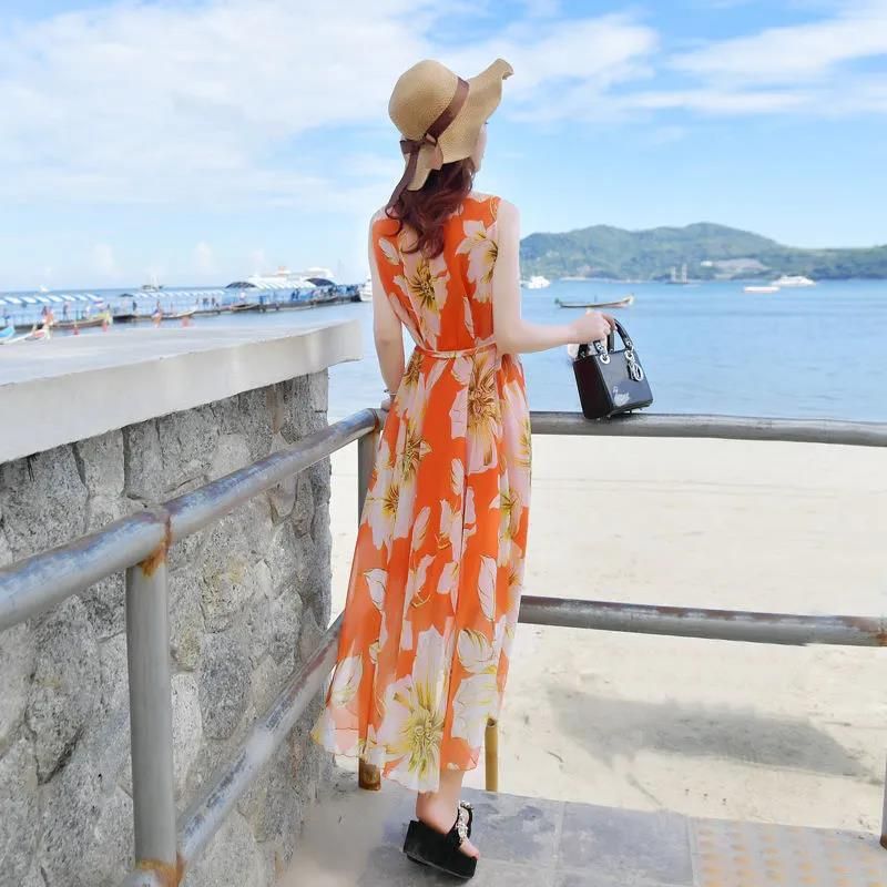 Women's Floral V-Neck A-Line Dress with Short Sleeves and Waist