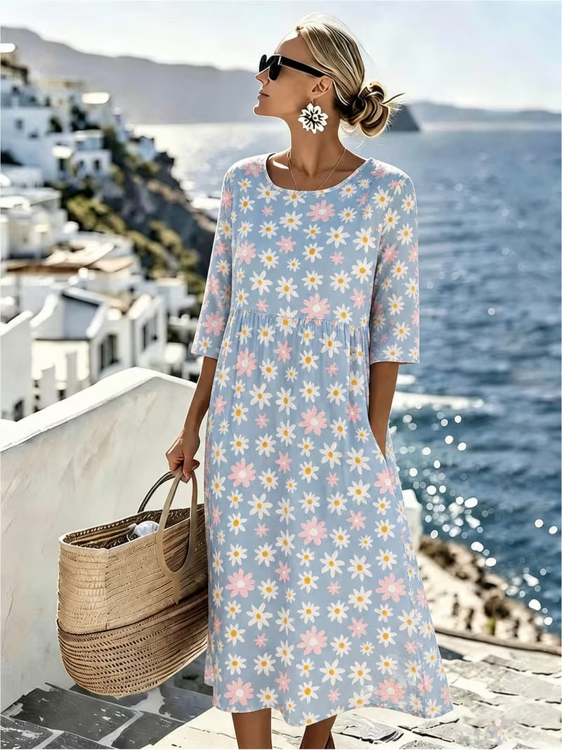 Women's Fresh Floral Daisy Print Ruched Midi Dress