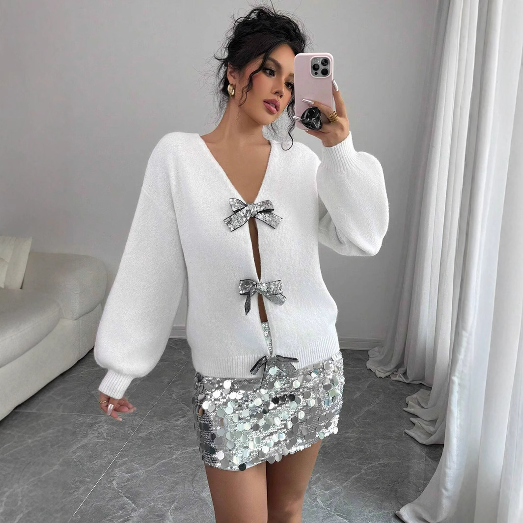 Sequin Bow Loose Long-Sleeve Knit Cardigan Sweater