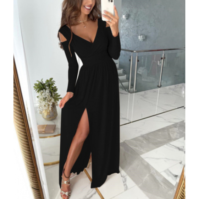 Long Sleeve V-Neck Solid Color Split Hem Dress