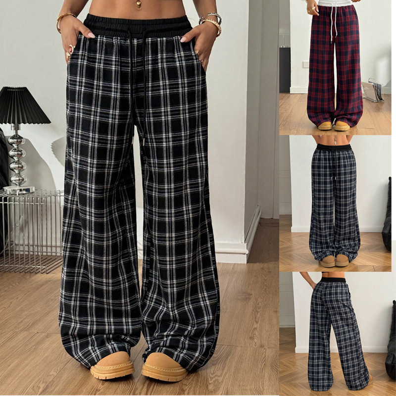 Relaxed Straight-Leg Plaid Panel High-Waist Drapey Casual Pants