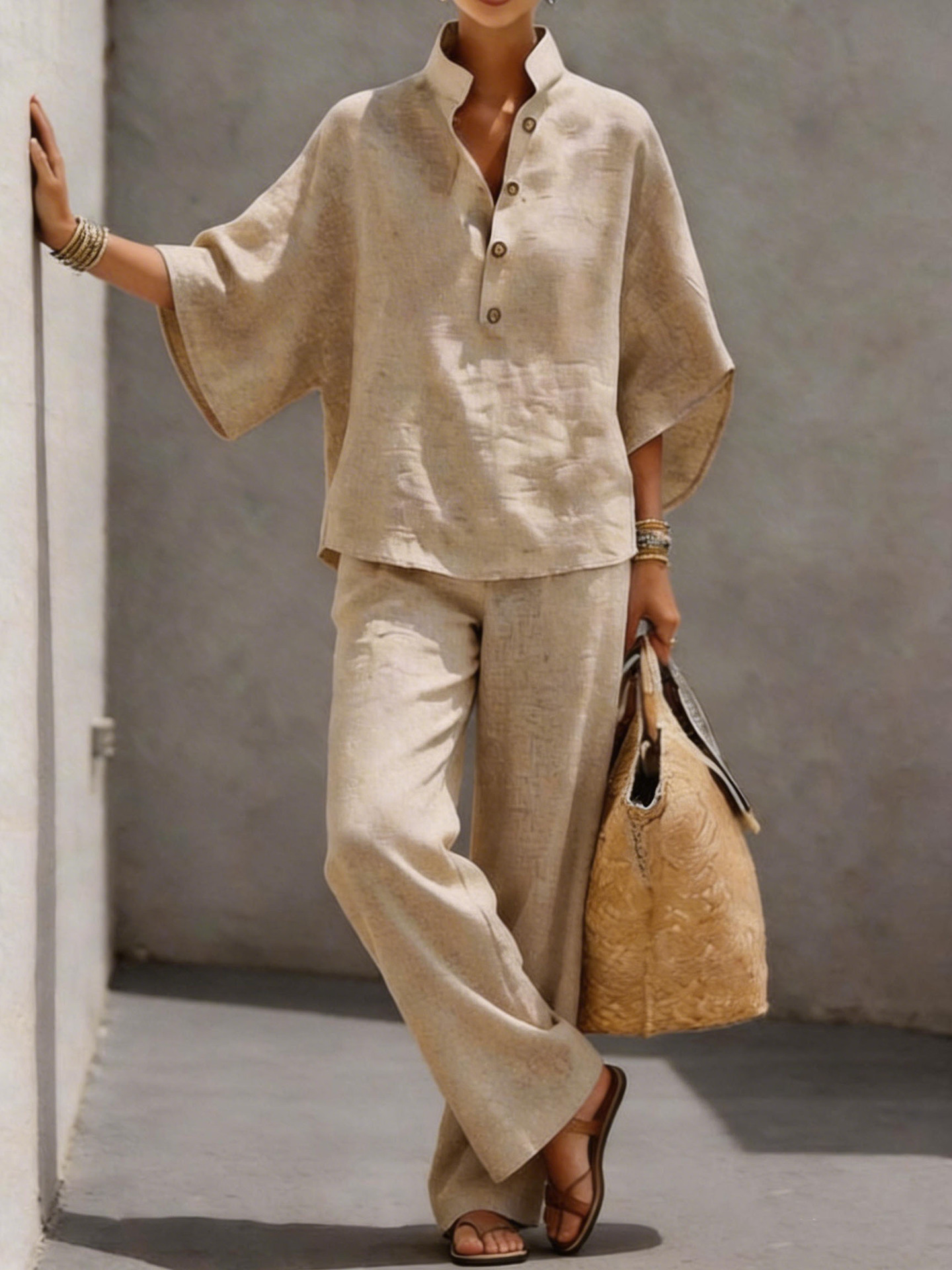 Women's Cotton-Linen Shirt and Pants Two-Piece Set