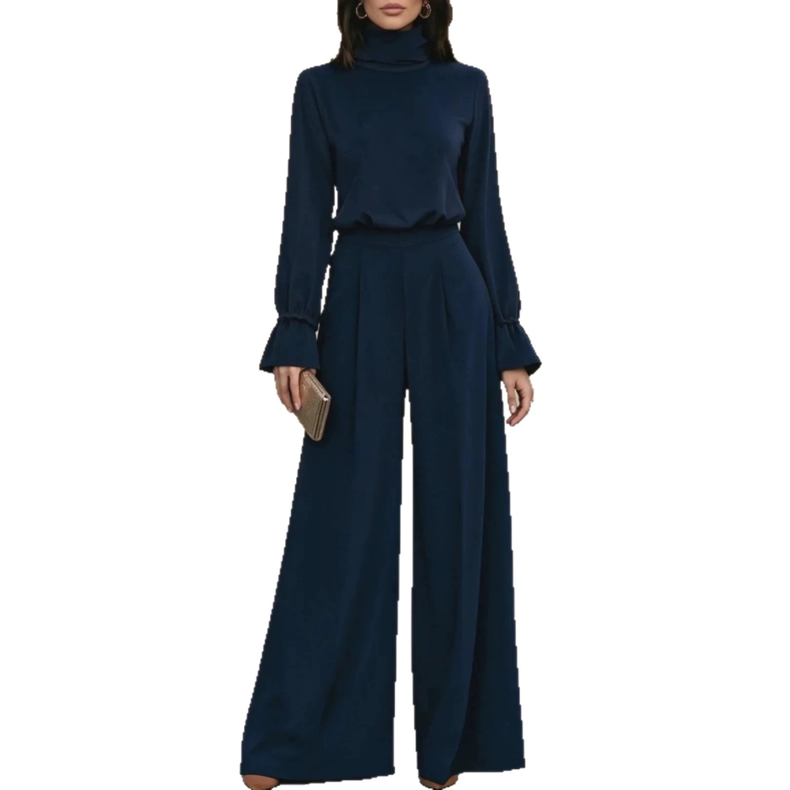 Women's Mock Neck Solid Top and High-Waist Wide-Leg Pants Two-Piece Set