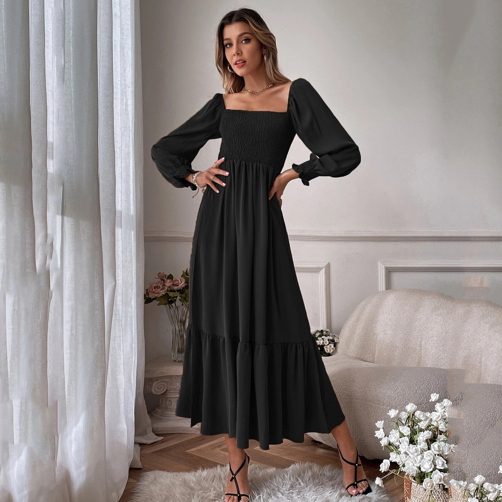 Square Neck Ruffle Long Sleeve High Waist Bodycon Dress