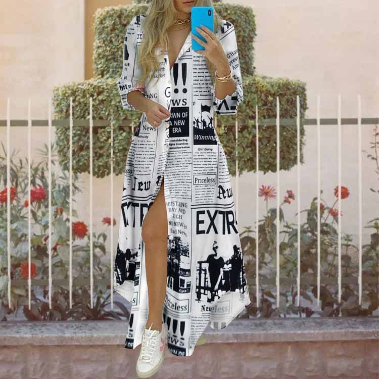 Women's Printed V-Neck Long Sleeve High Waist Irregular Hem Single-Breasted Dress
