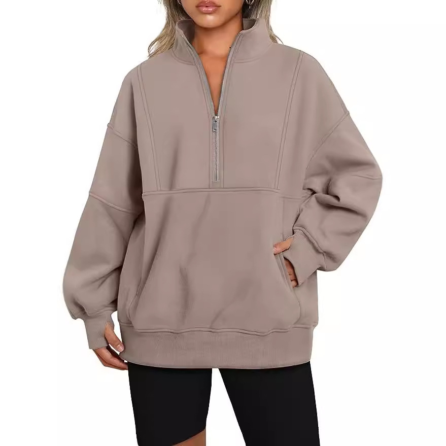 Women's Fleece-Lined Half-Zip Pullover Hoodie with Pockets and Stand Collar