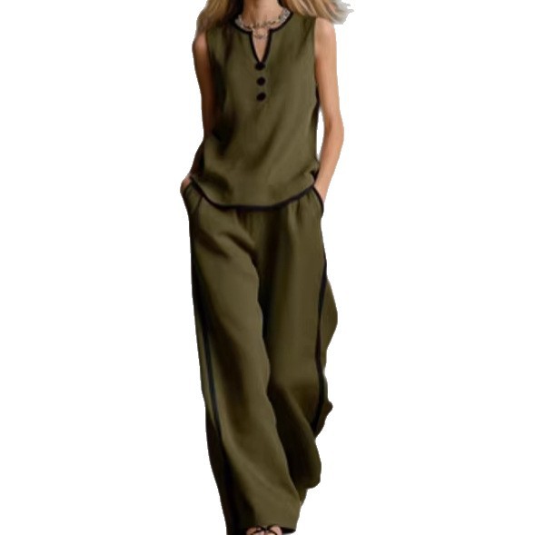 Sleeveless V-Neck Colorblock T-Shirt and Pants Set