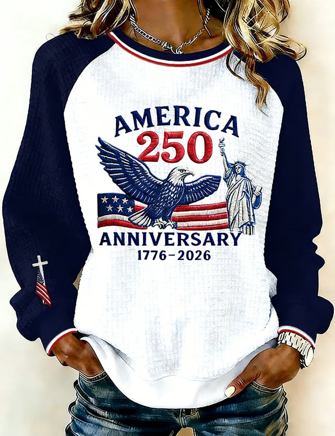 3D Print Denim Collar Waffle Knit Pullover Sweatshirt Women's Loose Fit