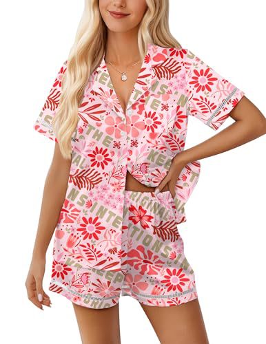 Women's Cuban Collar Short Sleeve Shirt Set Floral Solid Casual