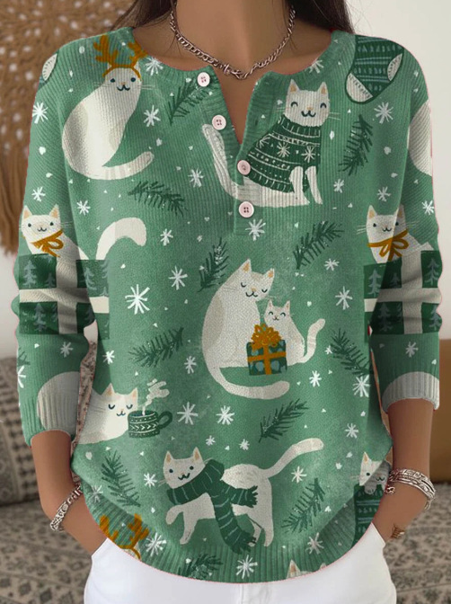Women's Christmas Dinosaur Forest Print Button Sweatshirt