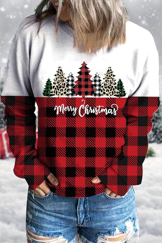 Women's Colorblock Plaid Cartoon Tree Crewneck Sweatshirt