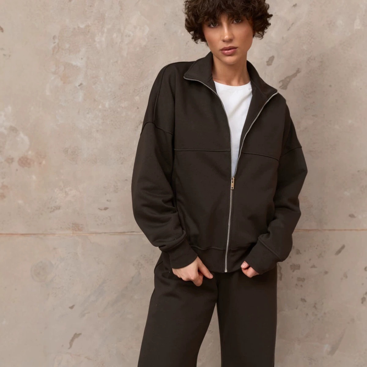 Stand Collar Zip Hoodie & Wide-Leg Sweatpants Set