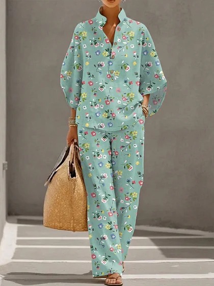 Women's Polka Dot Floral Print Long Sleeve Button-Up Top Set