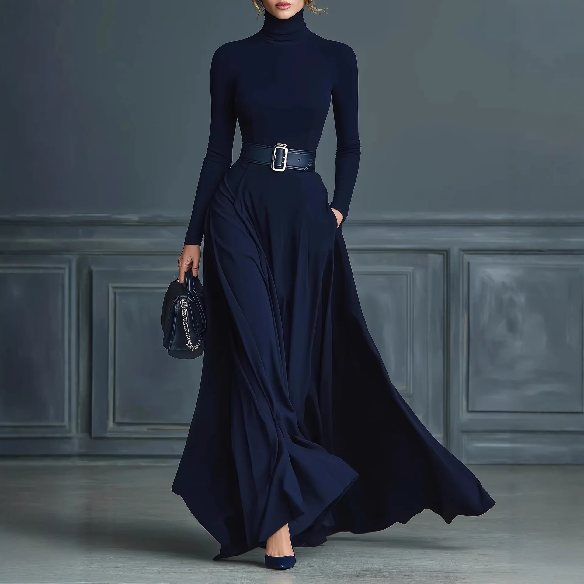 Long Sleeve Solid High Neck Waist-Cinching Maxi Dress