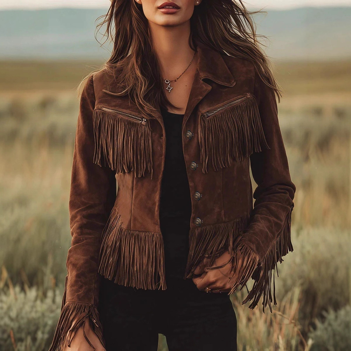 Women's Brown Faux Suede Fringe Jacket