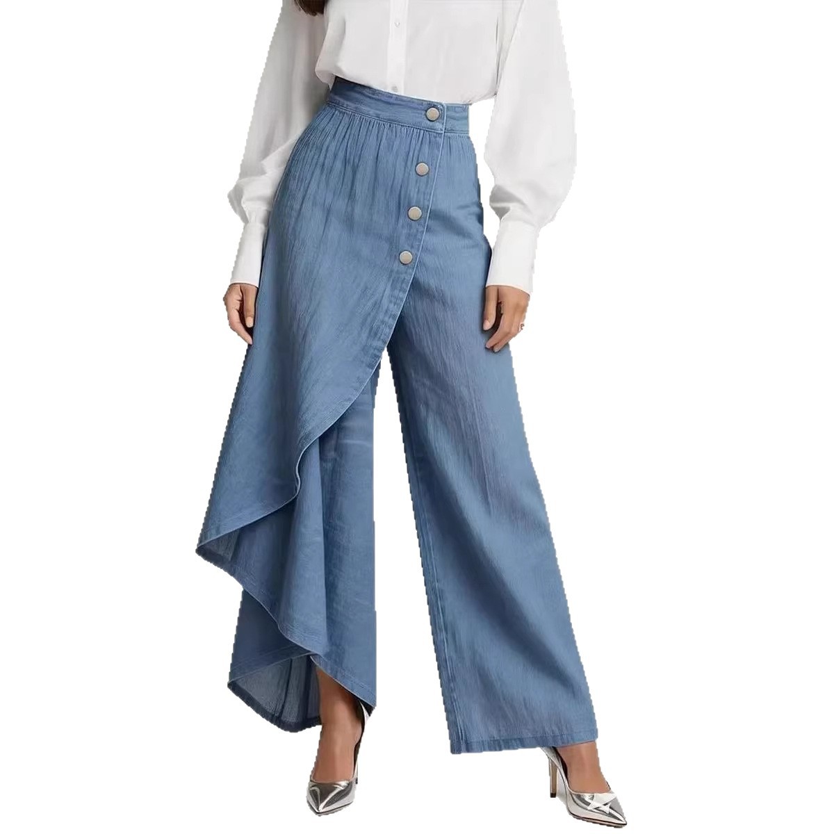 Women's Wide-Leg Faux Denim Print Pants with Button Fly