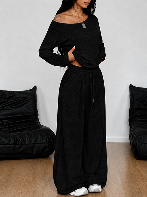 Women's Casual Loungewear Set Long Sleeve Top & Wide Leg Pants