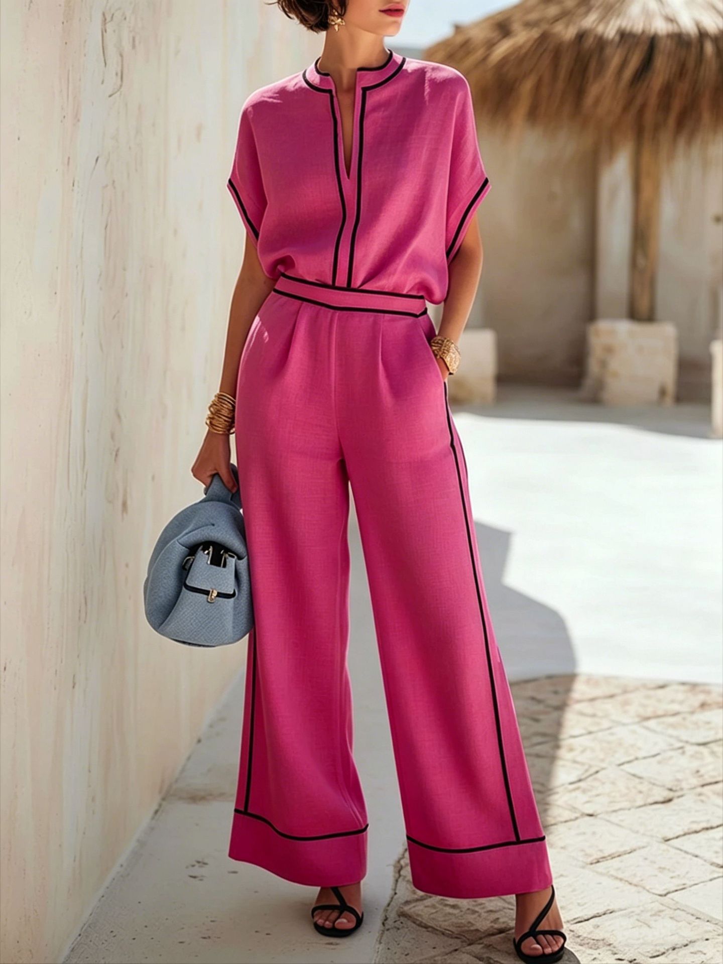 Minimalist Vacation Short Sleeve Top & Black Trim Wide-Leg Pants Set