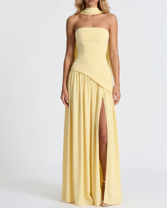 Women's Strapless Solid High Slit Backless Long Dress