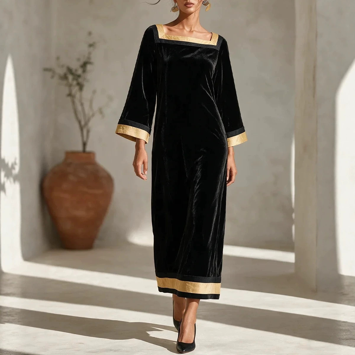 Women's Vintage Velvet Square Neck Midi Dress with Nine-Tenth Sleeves