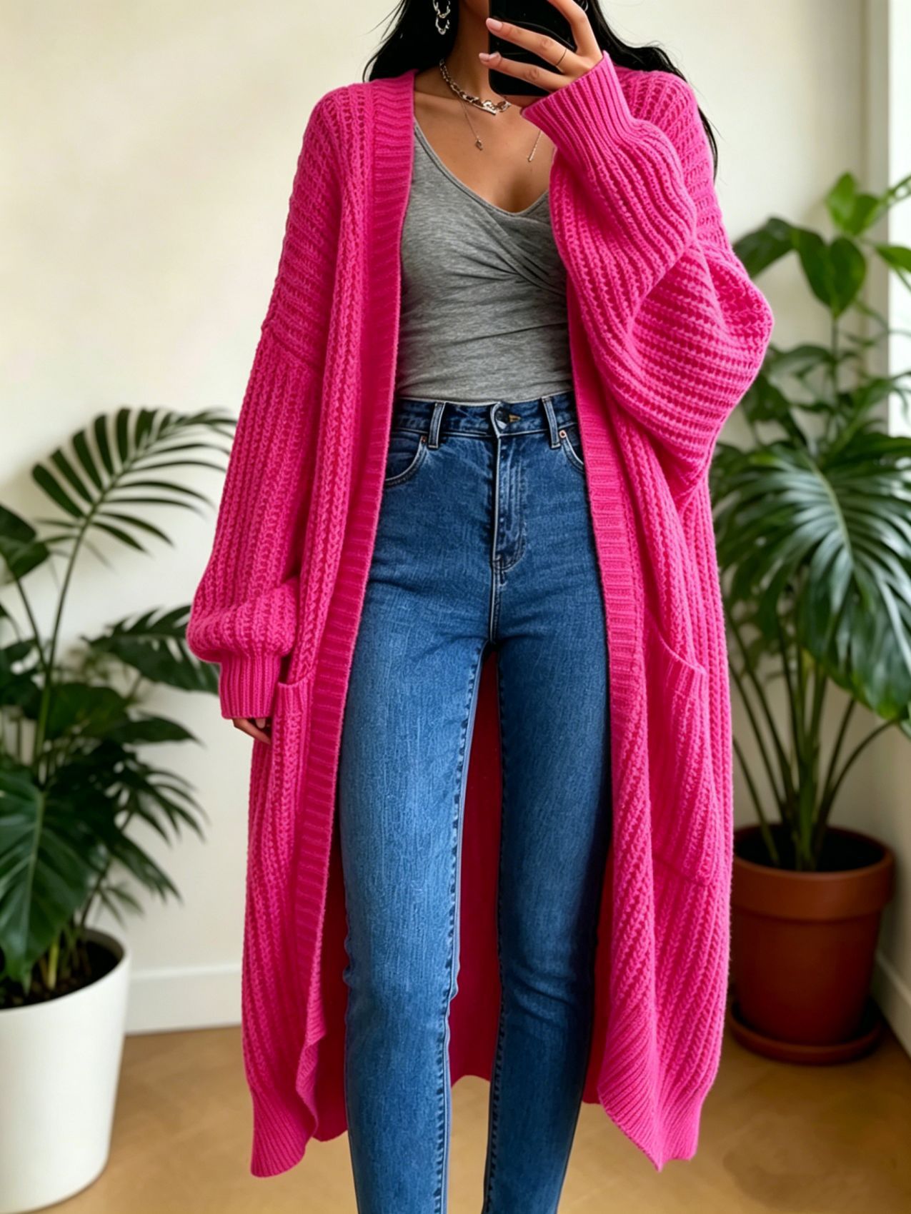 Women's Long Over-Knee Knit Cardigan Loose V-Neck Open Front Sweater Coat