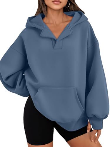 Women's V-Neck Hooded Pullover Sweatshirt with Thumbholes Cotton Fleece Casual Top
