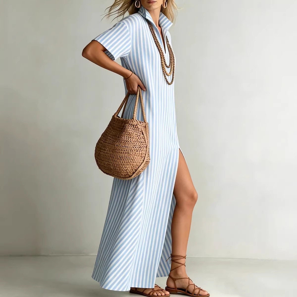 Women's Summer V-Neck Short Sleeve Striped Slit Cotton-Linen Dress