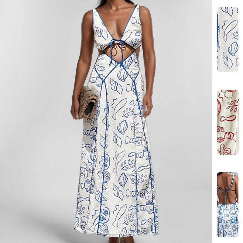 Women's Sexy Cutout Open-Back Floral Print Long Dress
