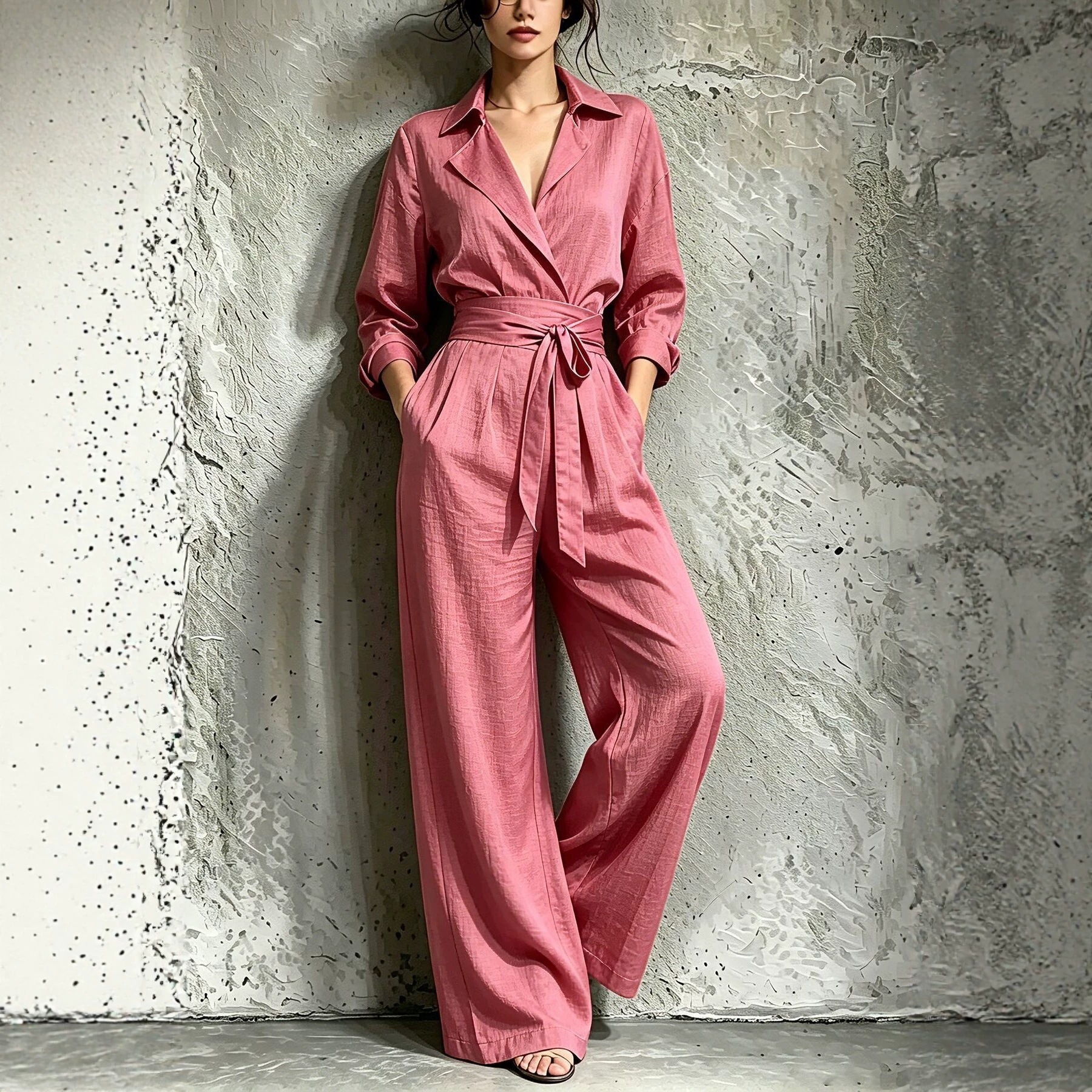 Solid V-Neck Long Sleeve Wide Leg Jumpsuit