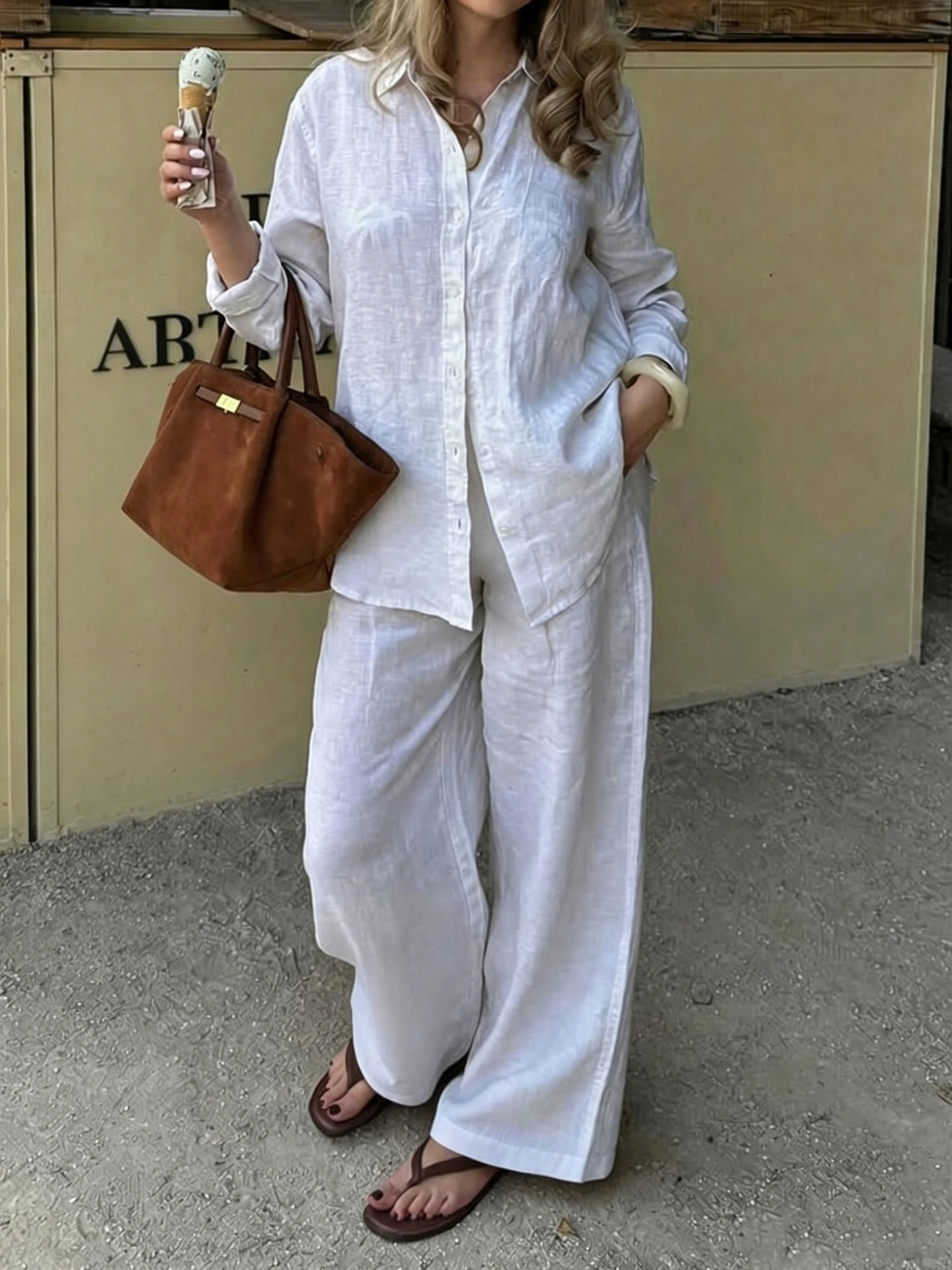 Minimalist Two-Piece Collared Long-Sleeve Shirt & Wide-Leg Pants Casual Commuter Set