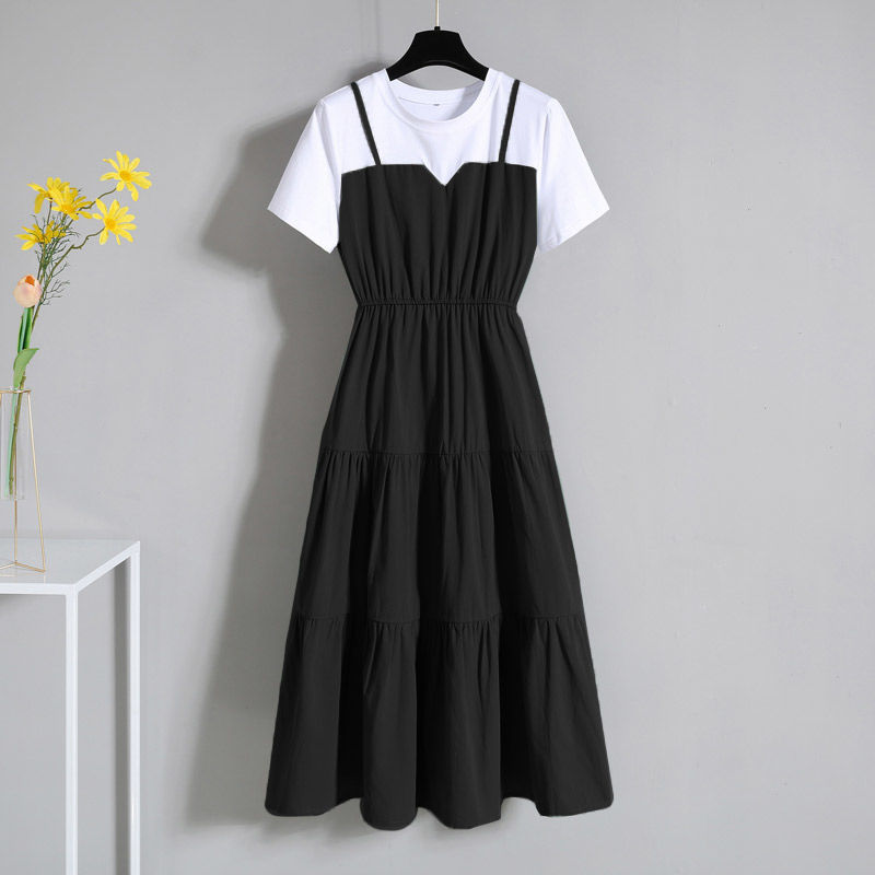 Women's Short Sleeve Faux Two-Piece A-Line Dress with Waist Cinch