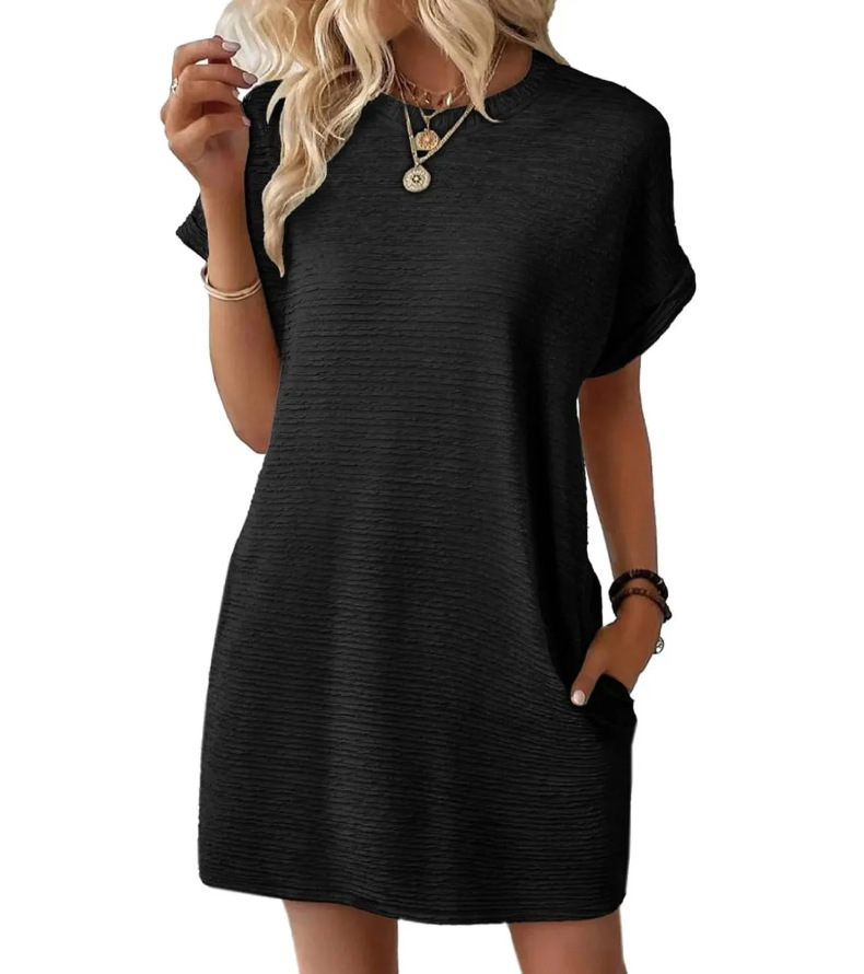 Women's Loose Crewneck Pocket Solid Short Sleeve Dress