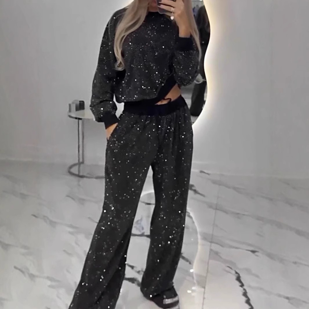 Women's Starry Print Long Sleeve Crewneck Loose Top & Drawstring Wide-Leg Two-Piece Set