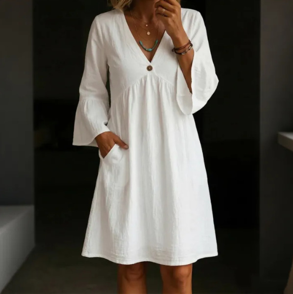 Women's Solid V-Neck Bell Sleeve Loose Vintage Dress