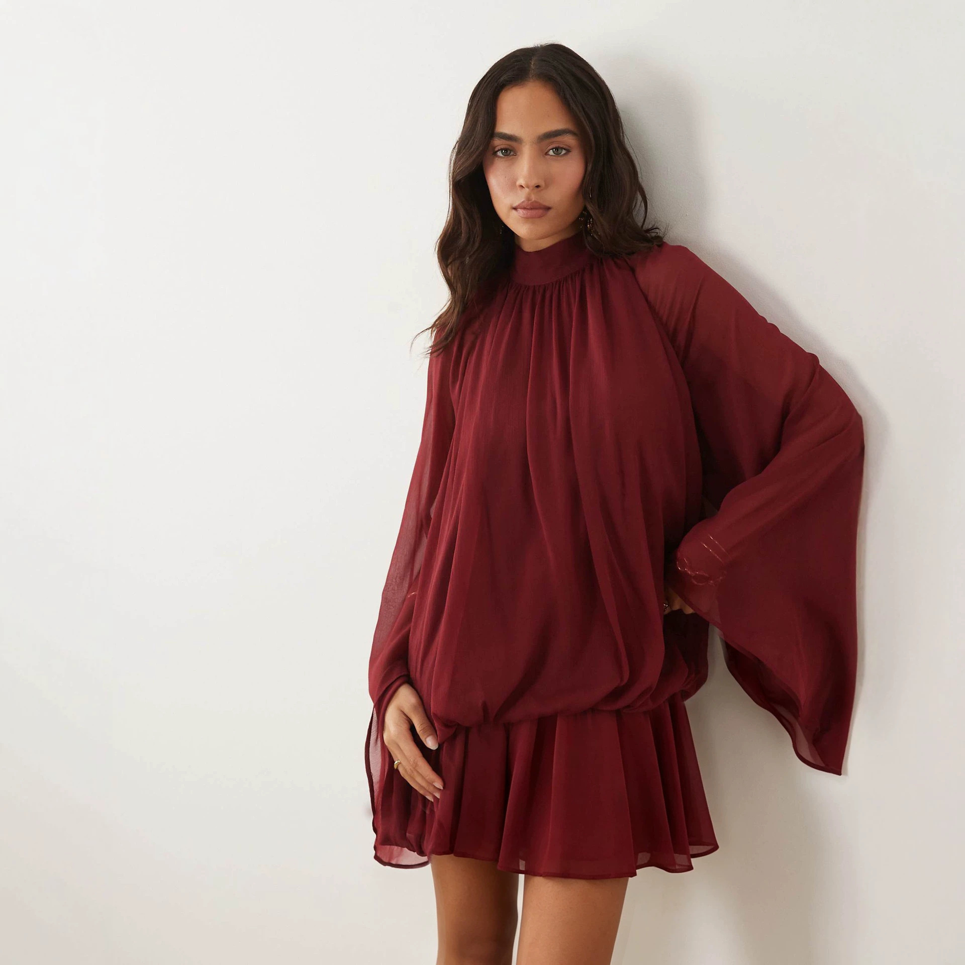 Women's High Neck Puff Hem Open Back Long Sleeve Dress