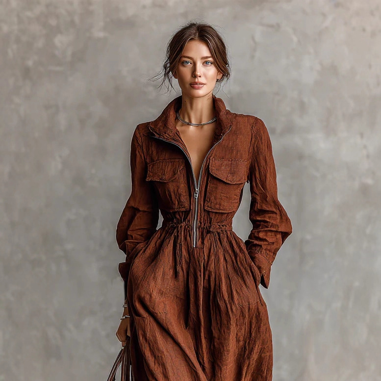 Women's French-Style Zip Collar Long Dress with Elastic Waist