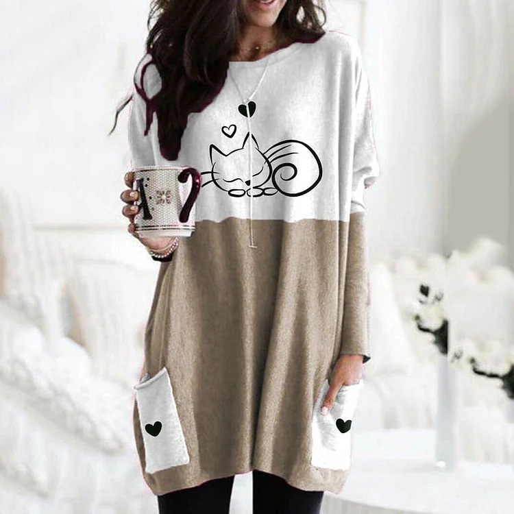 Women's Animal Print A-Line Midi Dress Long Sleeve Crew Neck Casual