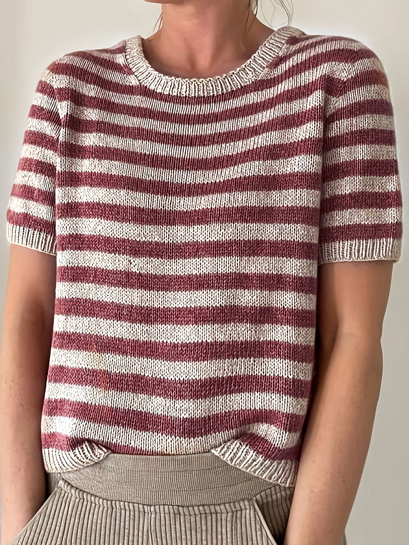 Striped Short Sleeve Knit Sweater Crewneck Pullover Top