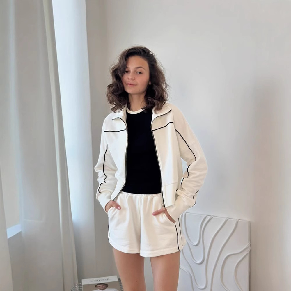 Striped Two-Piece Lounge Set with Long Sleeve Zip-Up Collared Top and Elastic Waist Shorts