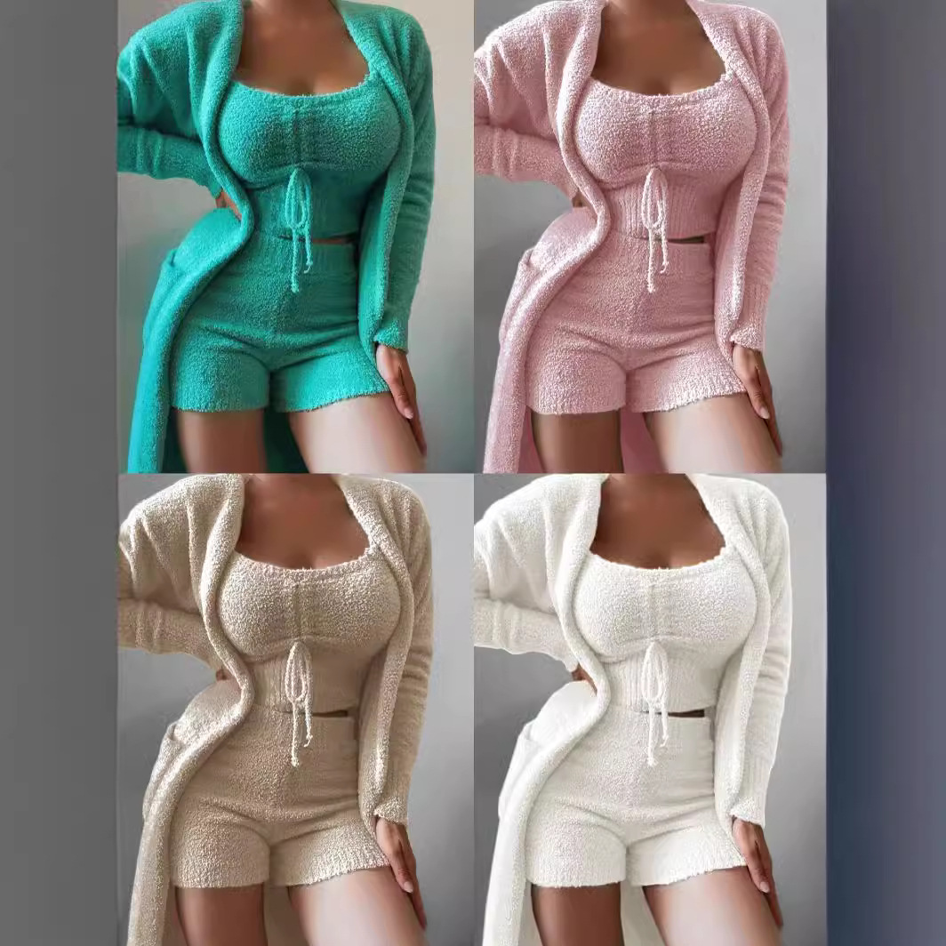 Women's Plush 3-Piece Tie Lounge Set with Pockets
