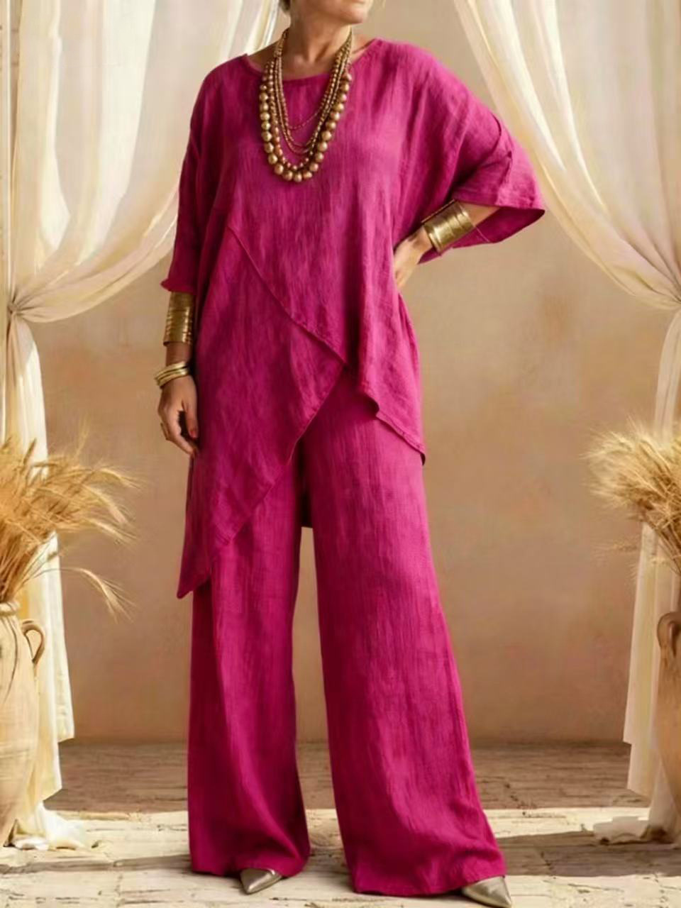 Women's Casual Solid Color Short Sleeve Cotton Linen Two-Piece Set