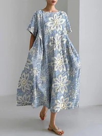 Women's Summer Short Sleeve Digital Print Round Neck Long Dress