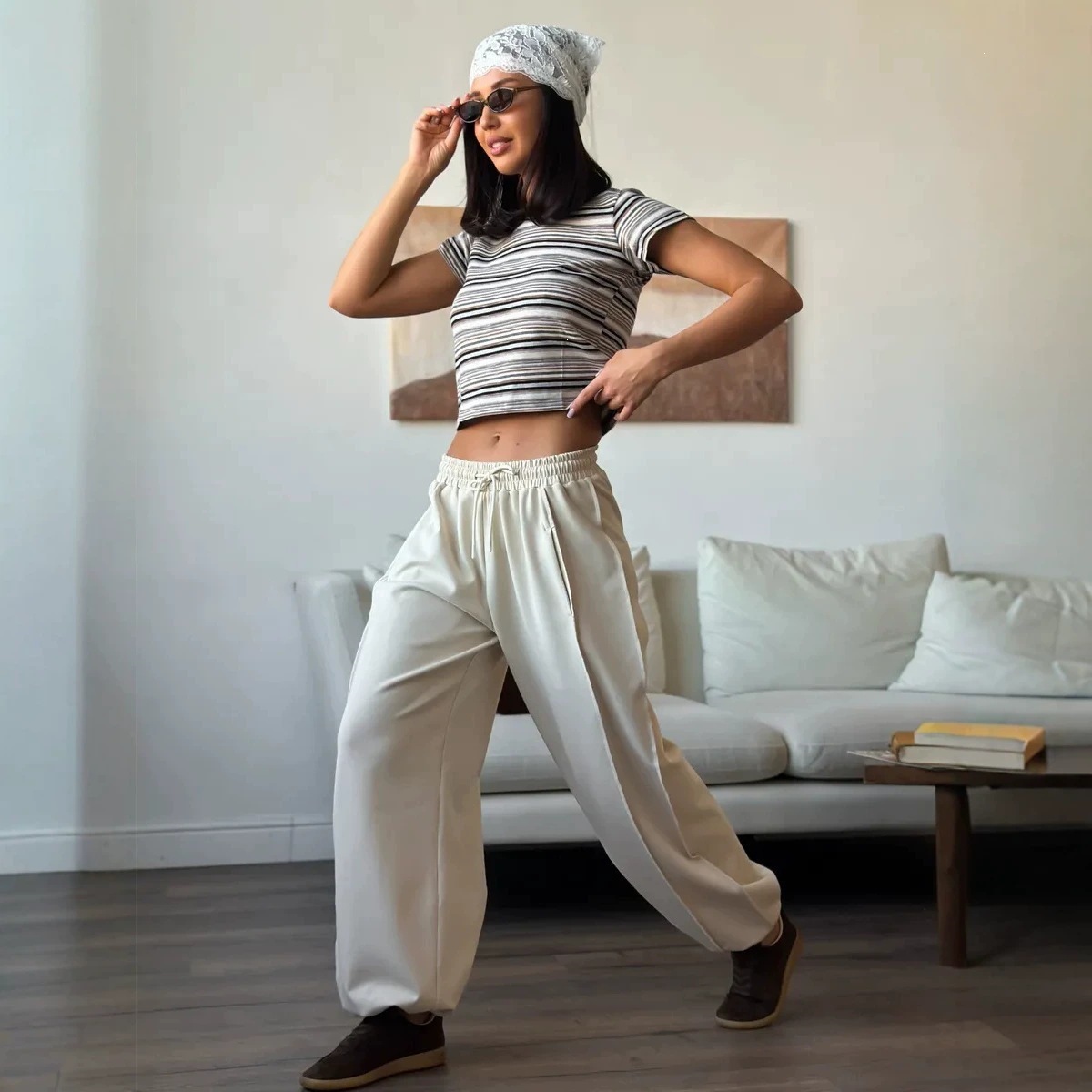 High-Waist Elastic Waist Straight-Leg Casual Pants for Women
