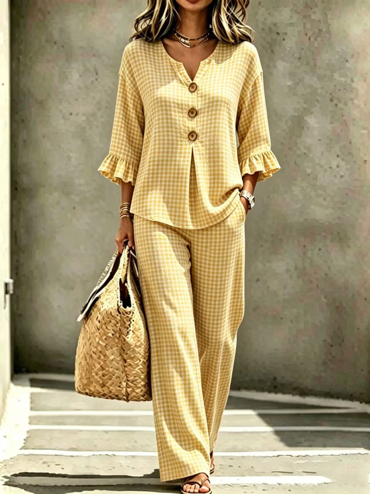 Women's Plaid V-Neck Ruffle Button Top & Pants Set