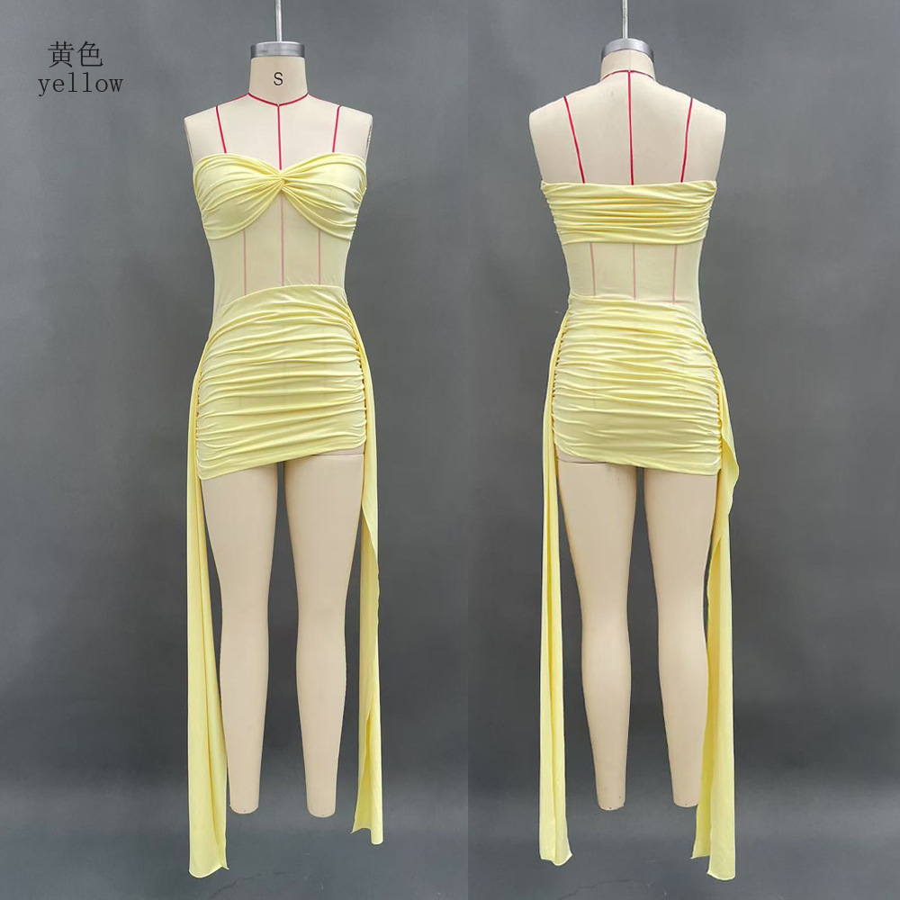 Mesh Paneled Strapless Bodycon Dress with Ribbon Accent