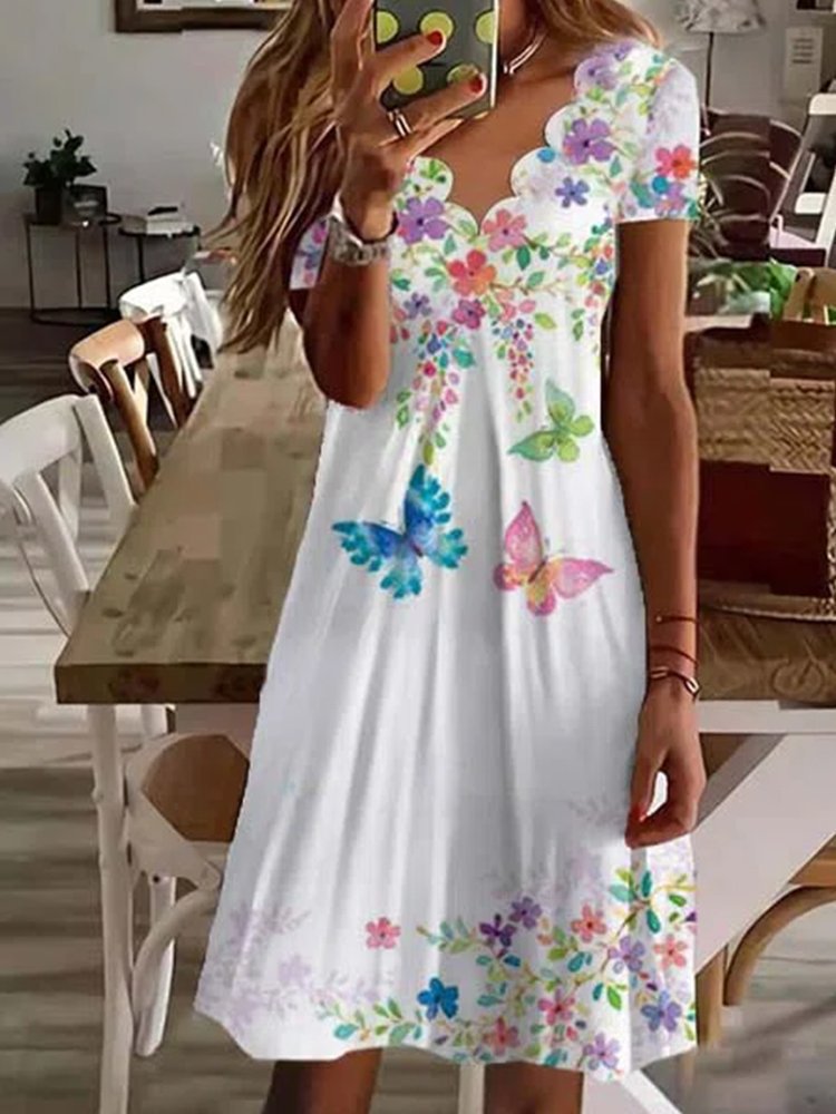 Women's Summer Digital Print V-Neck Short Sleeve Dress